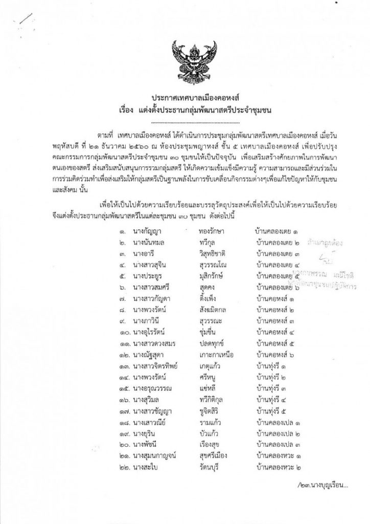 ประกาศแต่งตั้งคณะกรรมการฯและประธานกลุ่มพัฒนาสตรีประจำชุมชน